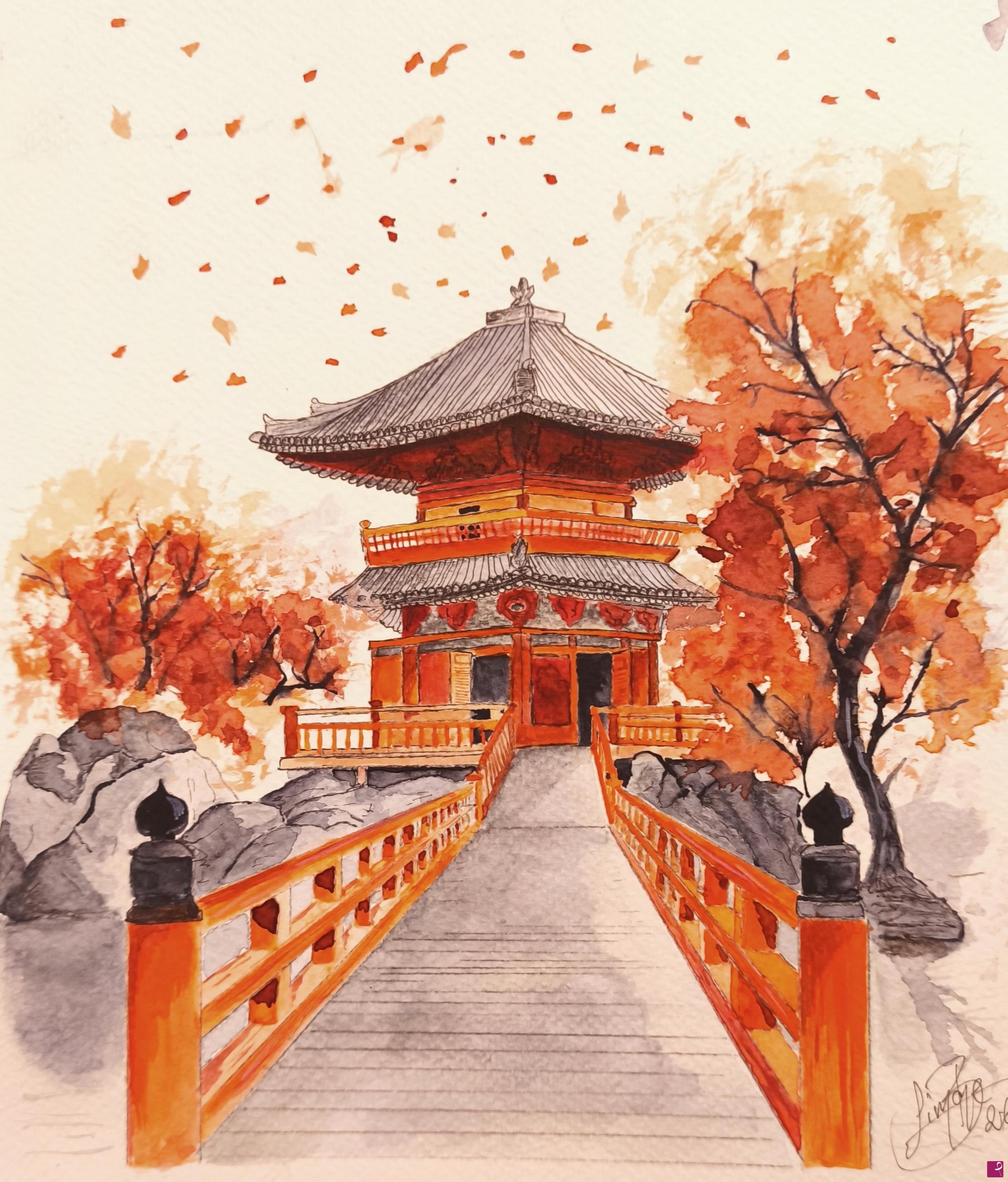 quadri in vendita online - Pagoda cinese bicromatica