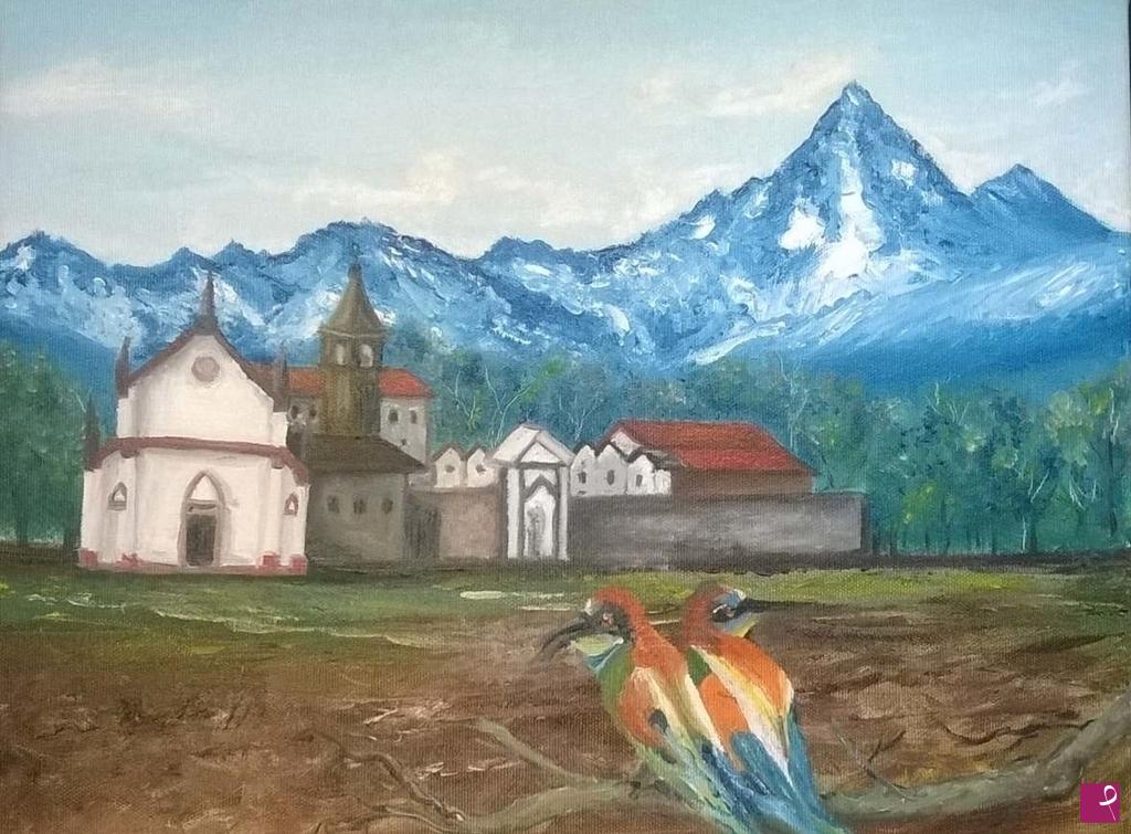 quadri in vendita online - panorama del monviso sul santuario della madonna del lago di faule cn