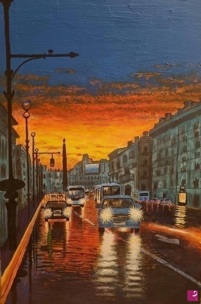 quadri in vendita online - Panorama metropolitano al tramonto dopo un temporale