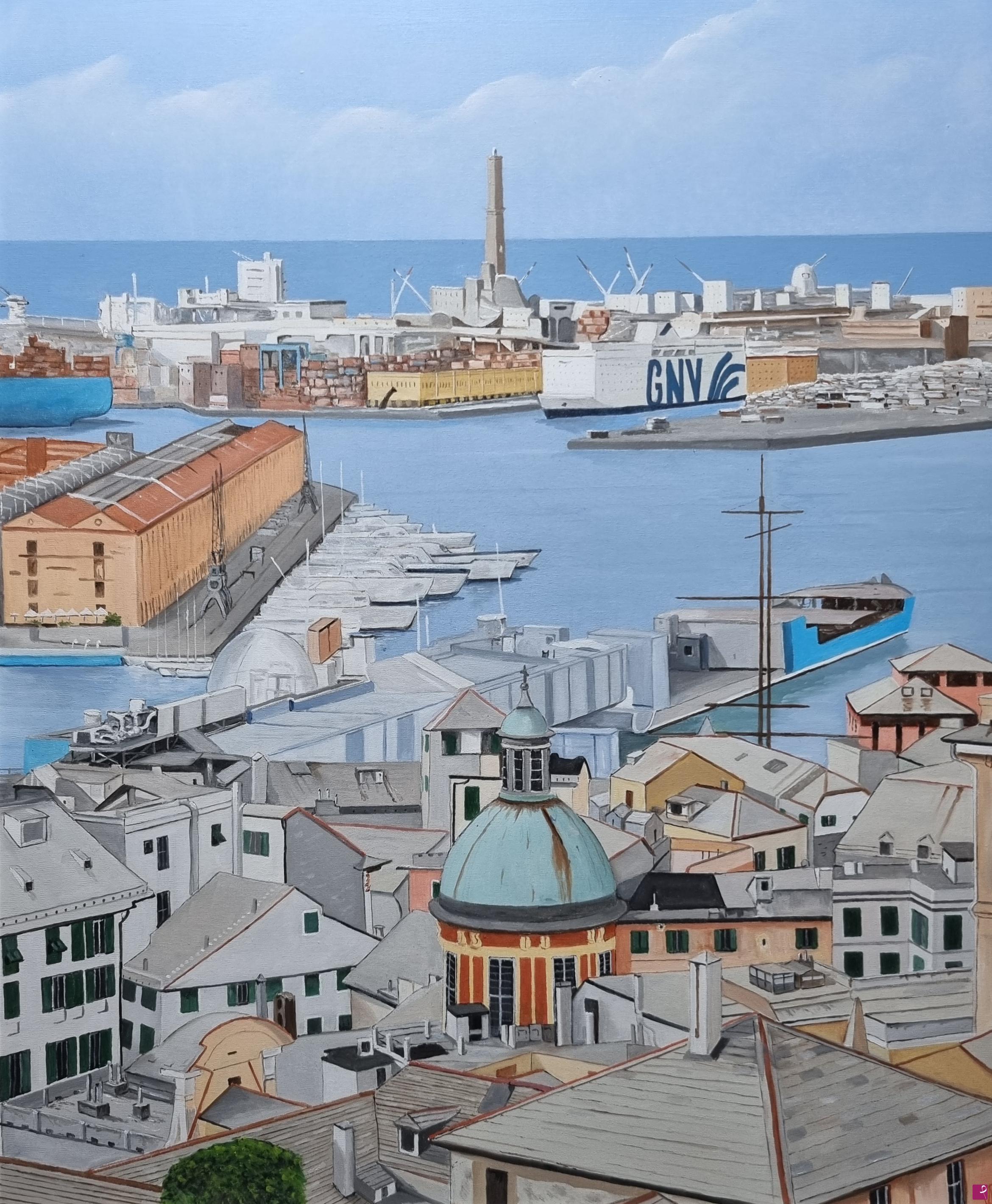 quadri in vendita online - Panorama porto Genova 