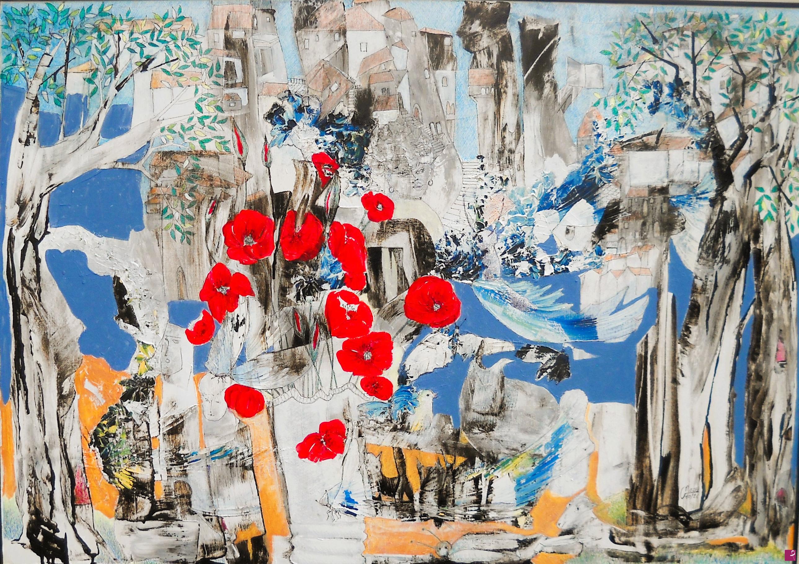 quadri in vendita online - Papaveri e farfalle con occhio dell'artista. 100x70x 2 cm