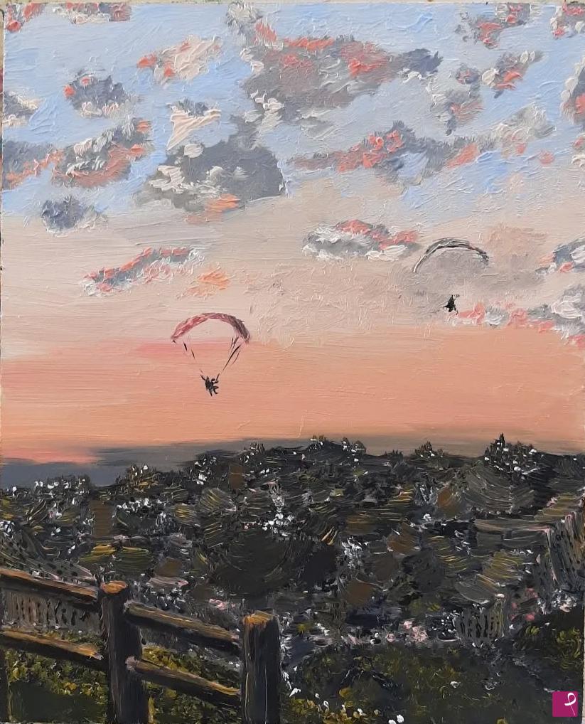 quadri in vendita online - Parapendio al tramonto sulle Langhe