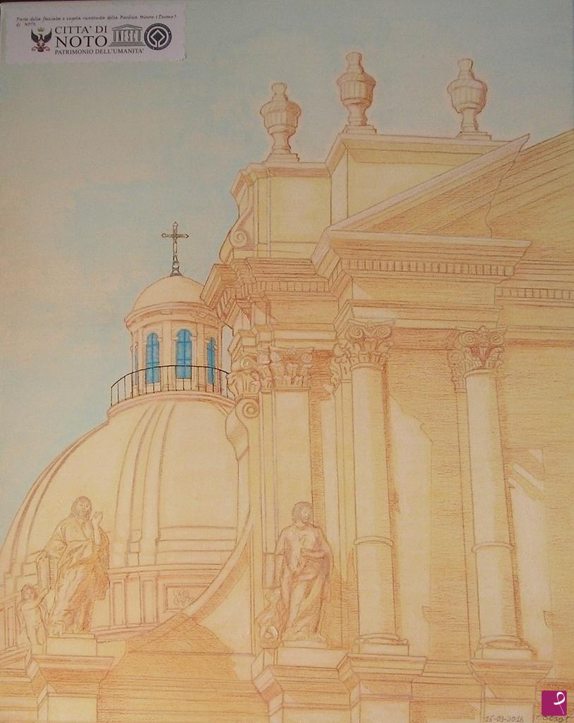quadri in vendita online - Parte  della  facciata  e  cupola  ricostruita   della  Cattedrale  di  NOTO