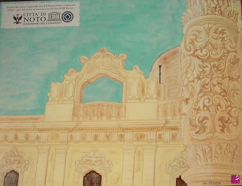 quadri in vendita online - Particolare della  colonna  all'ingresso della chiesa S.Francesco e parte della facciata nel monastero SS.Salvatore a NOTO.