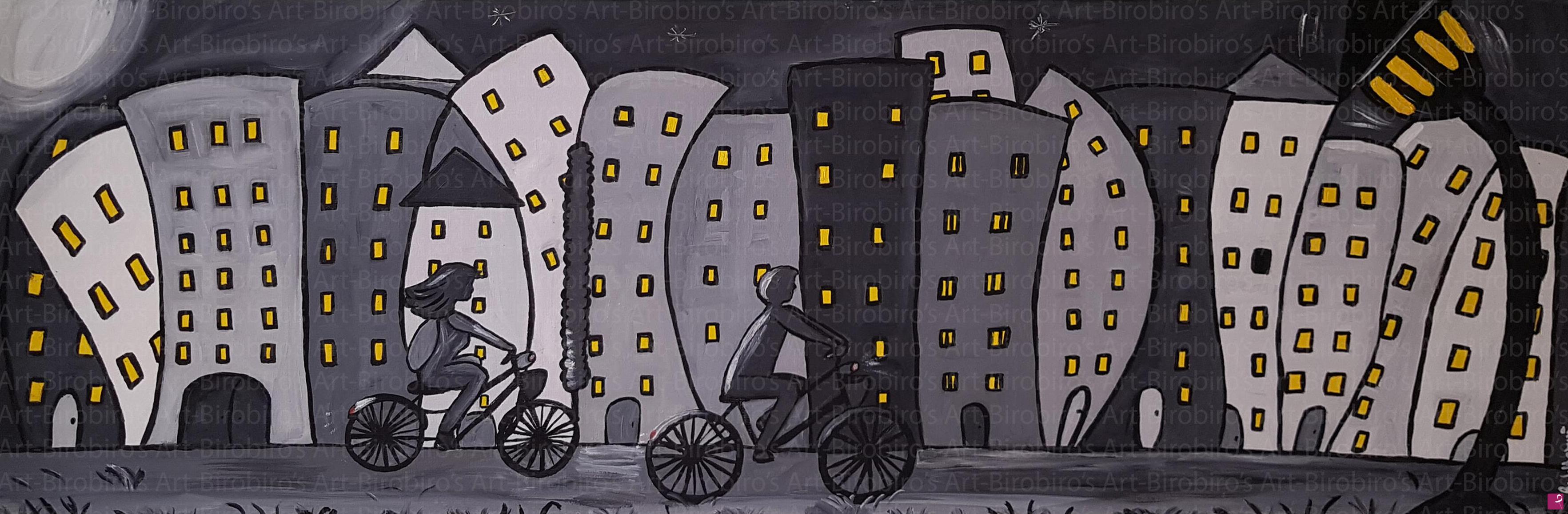 quadri in vendita online - "Passeggiando in bicicletta." Olio su tela 30x90. a unica non riproducibile. Disponibile.