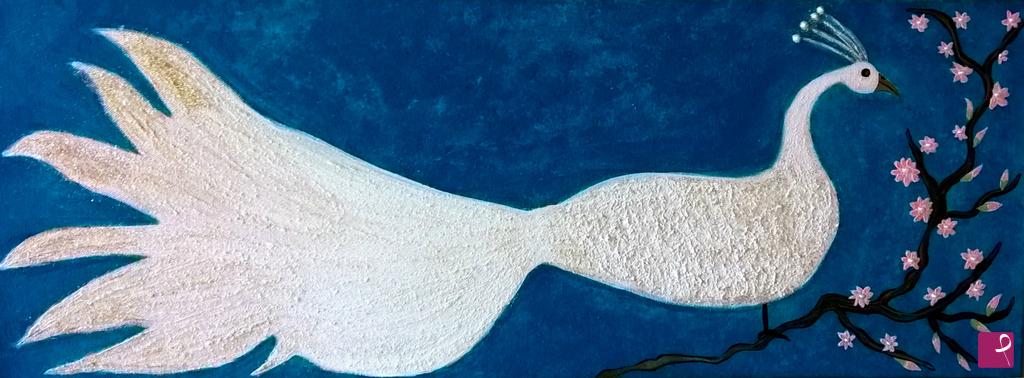 quadri in vendita online - Pavone bianco su ramo di ciliegio