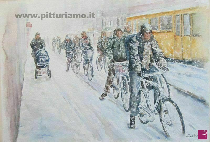 quadri in vendita online - Pedalndo sotto la neve