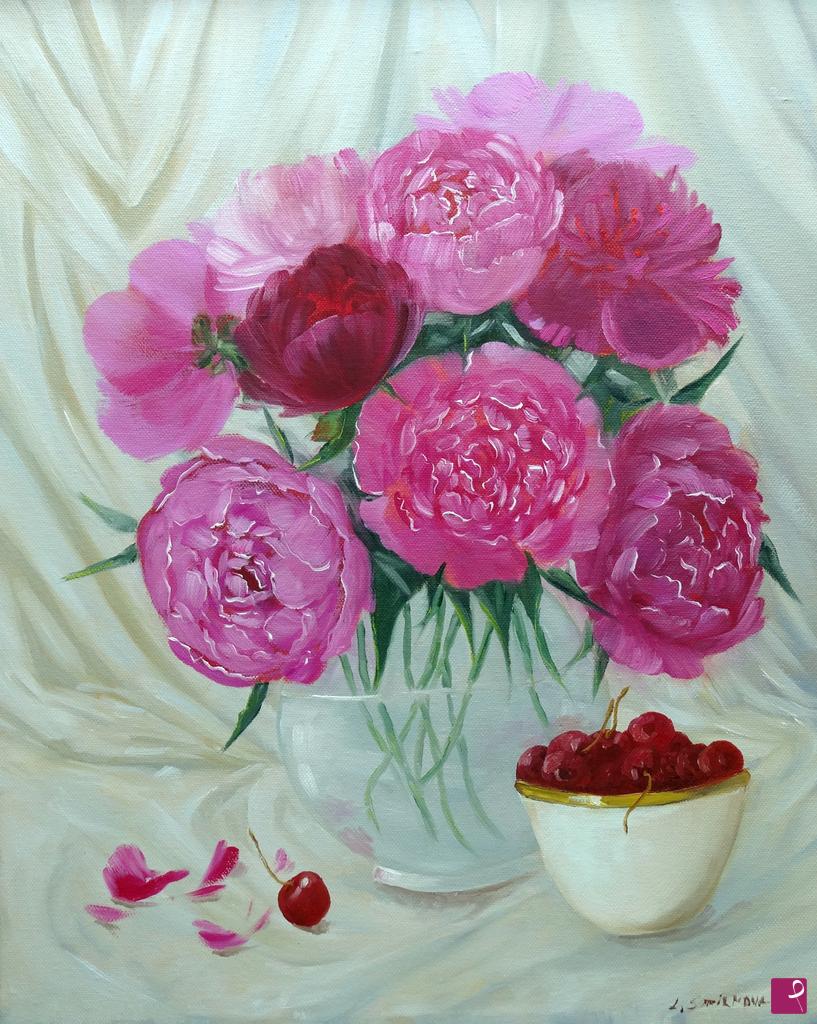 quadri in vendita online - Peonie con ciliegie