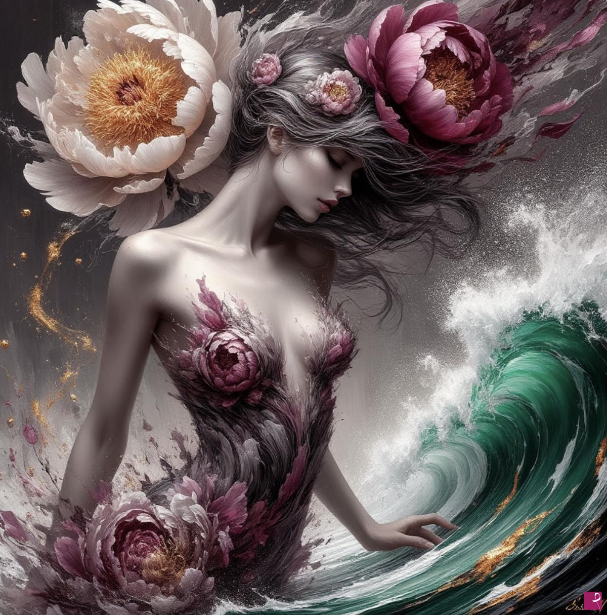quadri in vendita online - Peonies, a girl in sadness