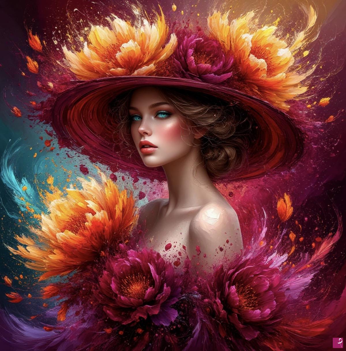 quadri in vendita online - Peonies flowers, woman in big hat 