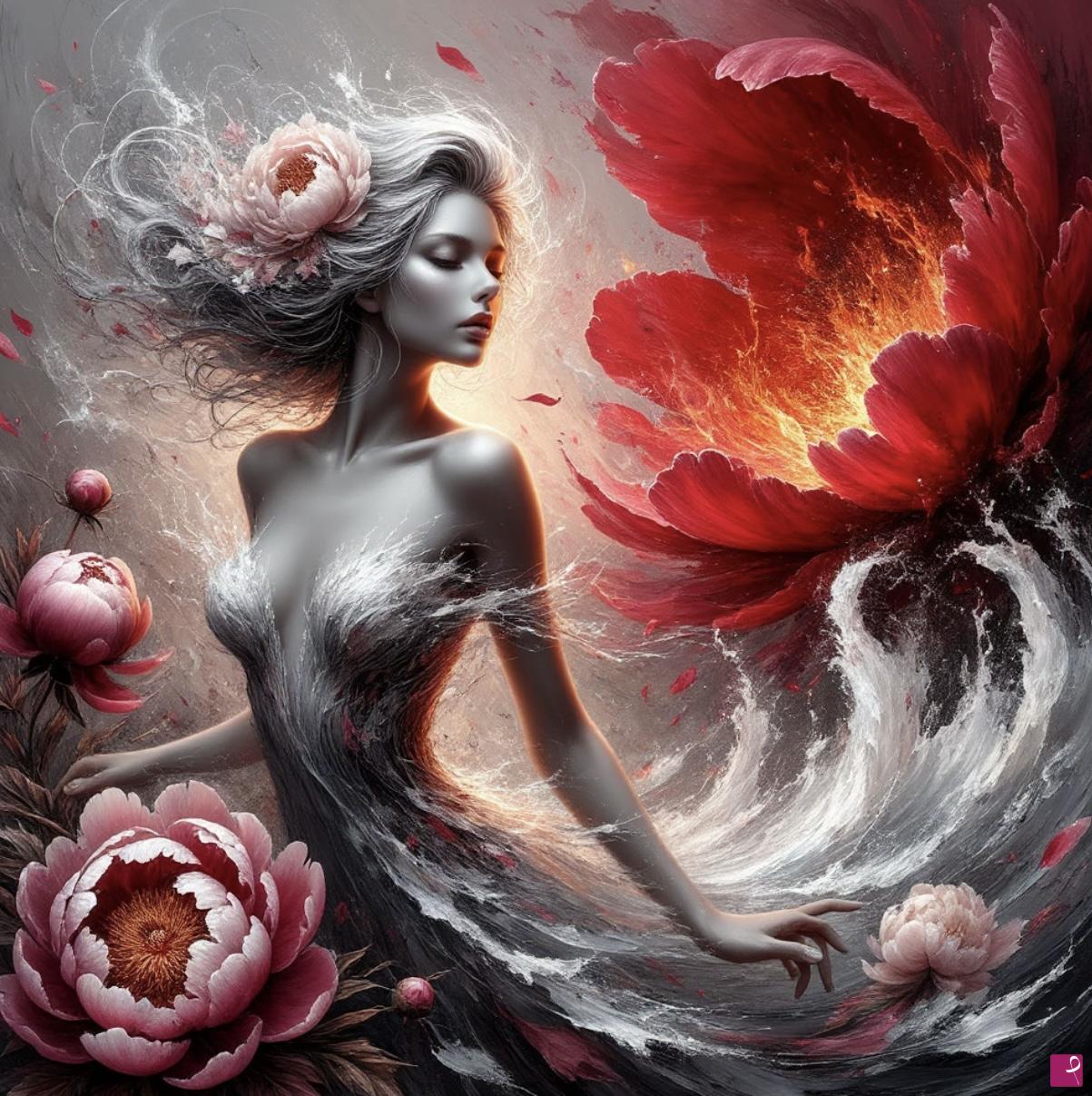 quadri in vendita online - Peonies, girl and red big flower 