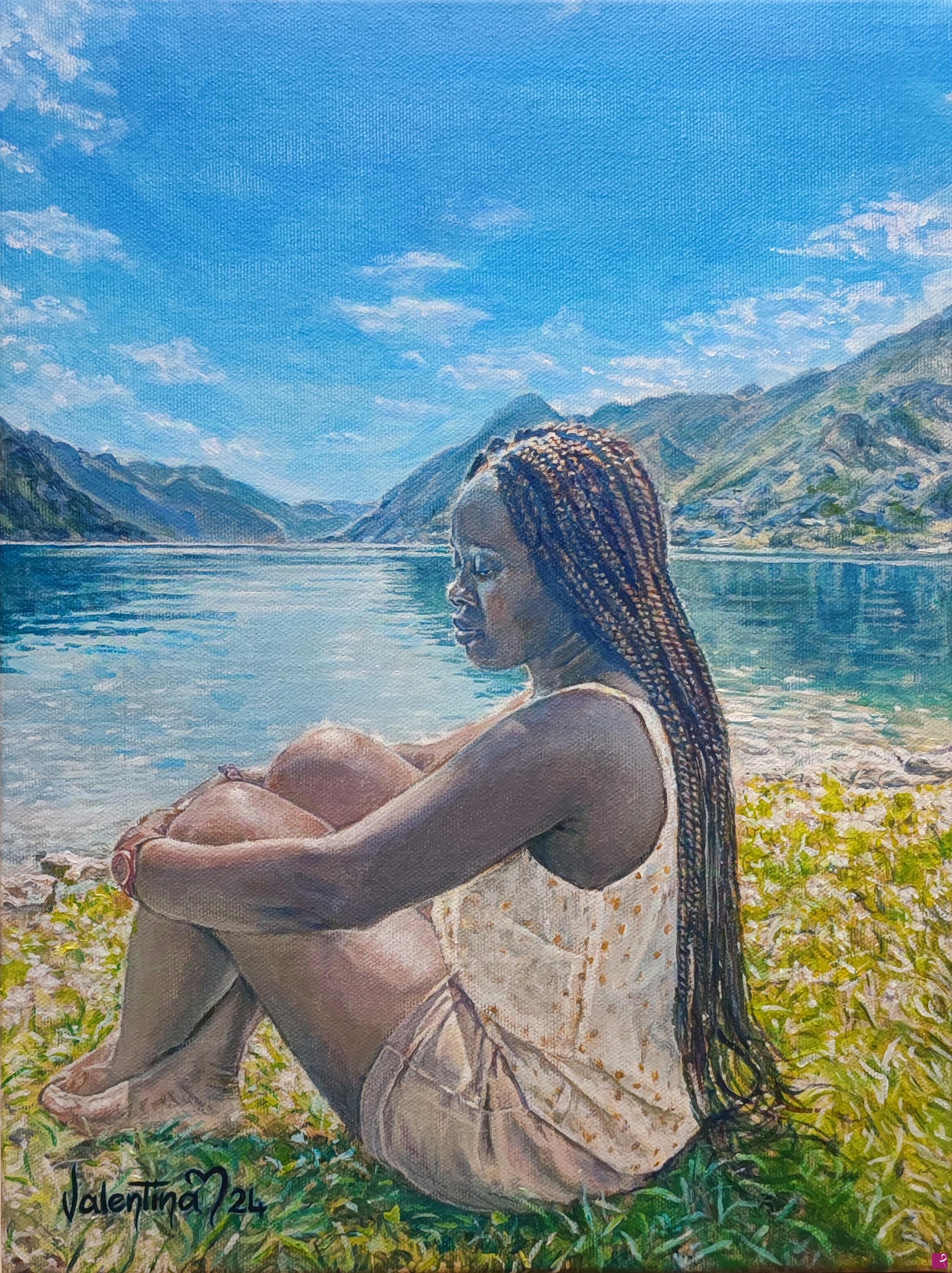 quadri in vendita online - Persa nei pensieri in riva al lago