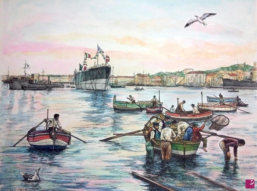 quadri in vendita online - Pesca durante il varo della Nave Basilicata
