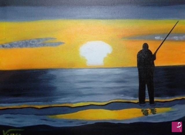 quadri in vendita online - PESCATORE AL TRAMONTO