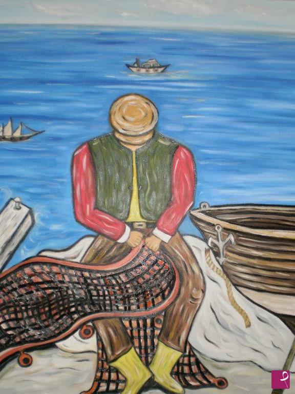 quadri in vendita online - Pescatore che ripara rete