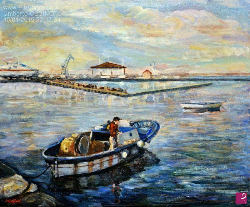 quadri in vendita online - Pescatore nel porto di Stabia