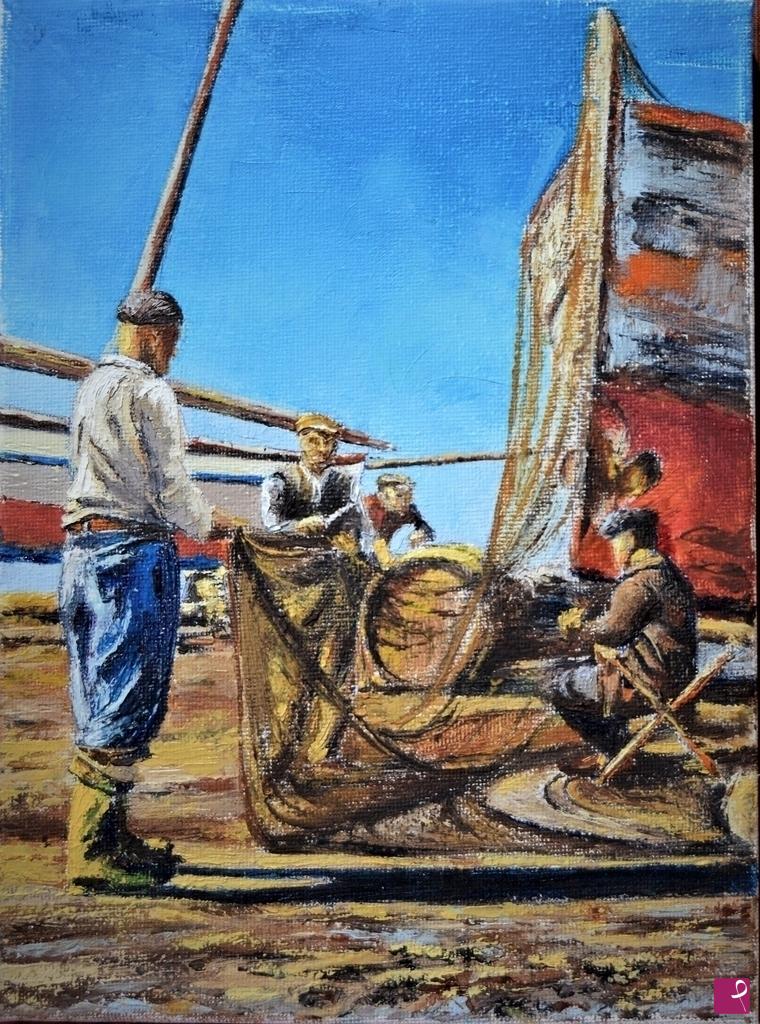 quadri in vendita online - pescatori al lavoro mautenzione delle atrezzature