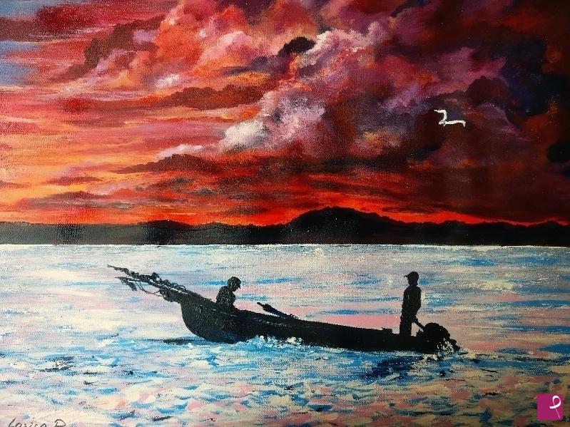 quadri in vendita online - Pescatori al tramonto