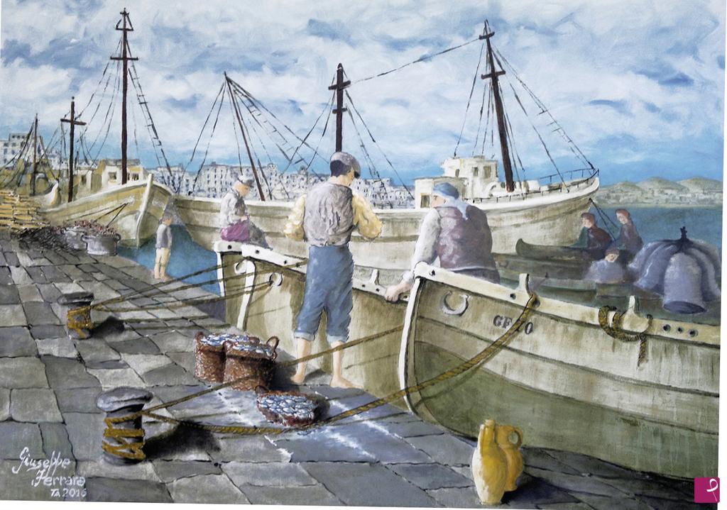 quadri in vendita online - Pescatori alla marina di Taranto
