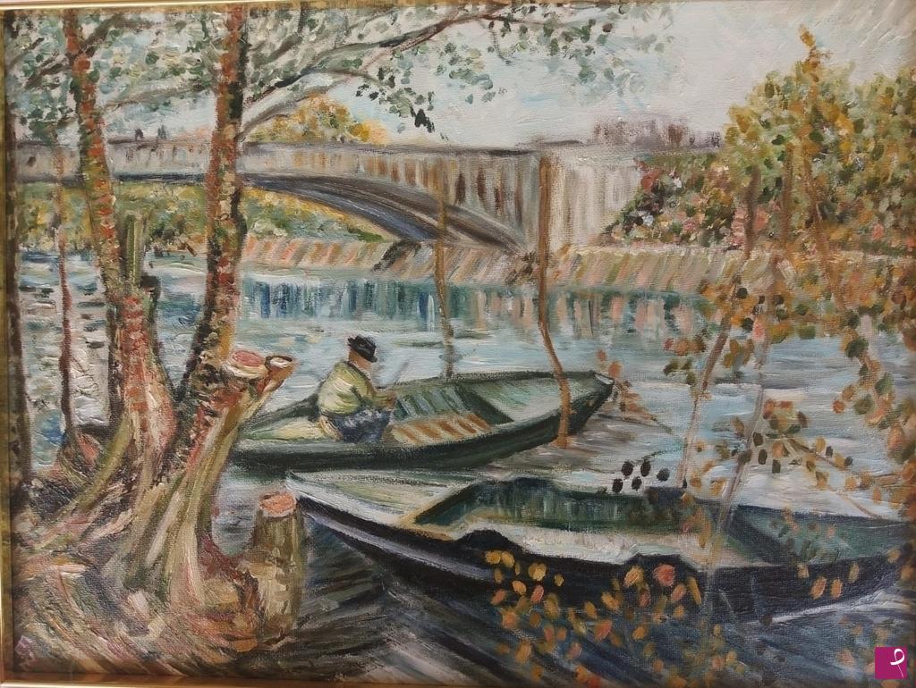 quadri in vendita online - PESCATORI E BARCHE SOTTO IL PONT DE CLICHE'    (RIPRODUZIONE)