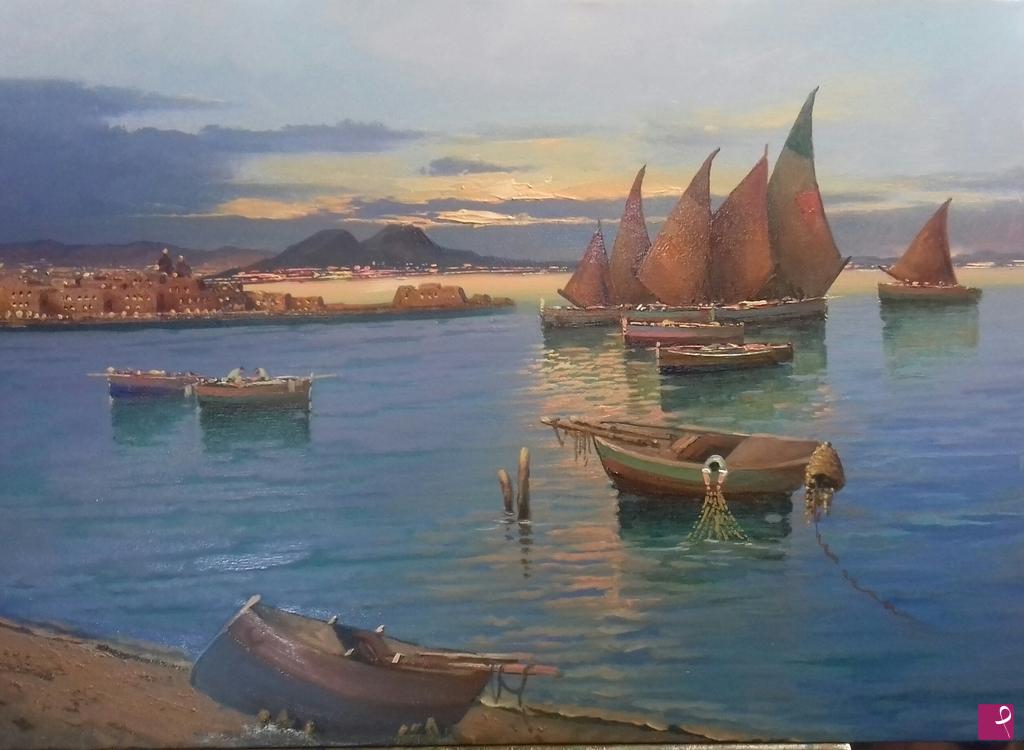 quadri in vendita online - Pescatori nel golfo di Napoli