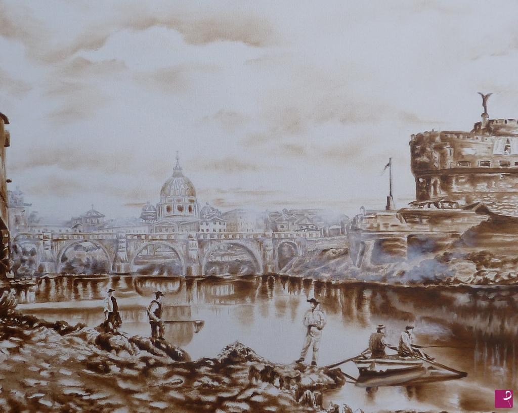 quadri in vendita online - Pescatori sulla riva del Tevere nel 1870