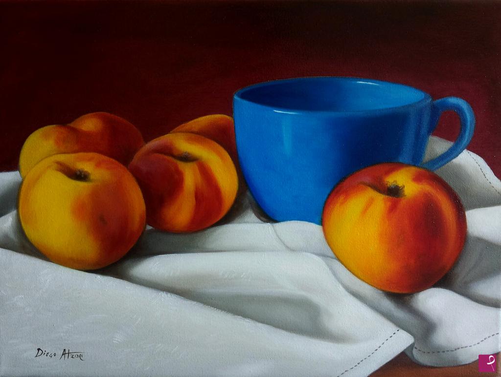quadri in vendita online - pesche e tazza blu