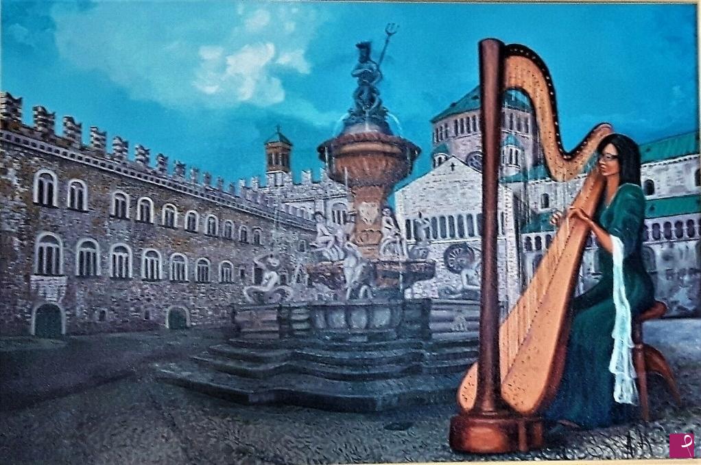 quadri in vendita online - PIAZZA DUOMO TRENTO -CONCERTO A NETTUNO ARPISTA CHIARA BRUN  (2016)