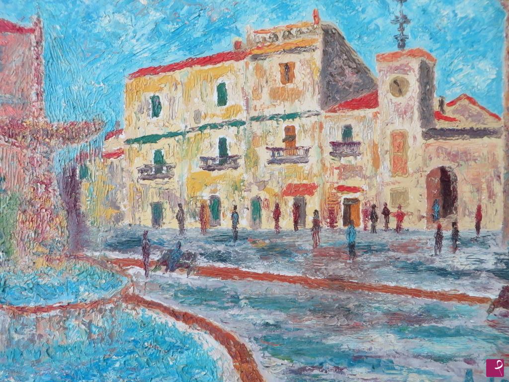 quadri in vendita online - Piazza Skanderbeg a Portocannone con la vecchia fontana
