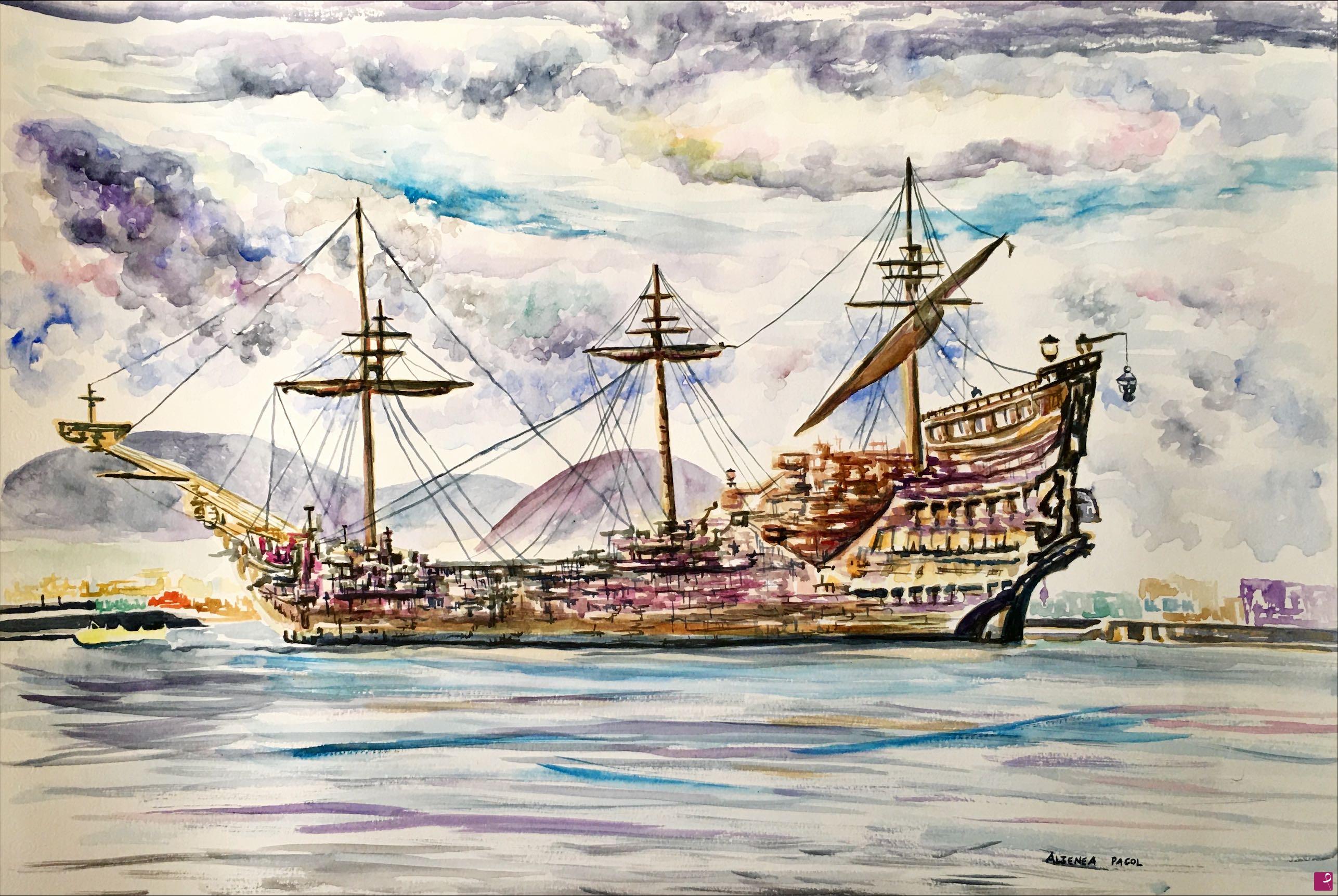 quadri in vendita online - Pirate ship on the port