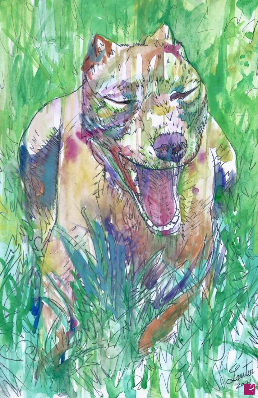 quadri in vendita online - PIT BULL CHE SBADIGLIA NEL GIARDINO