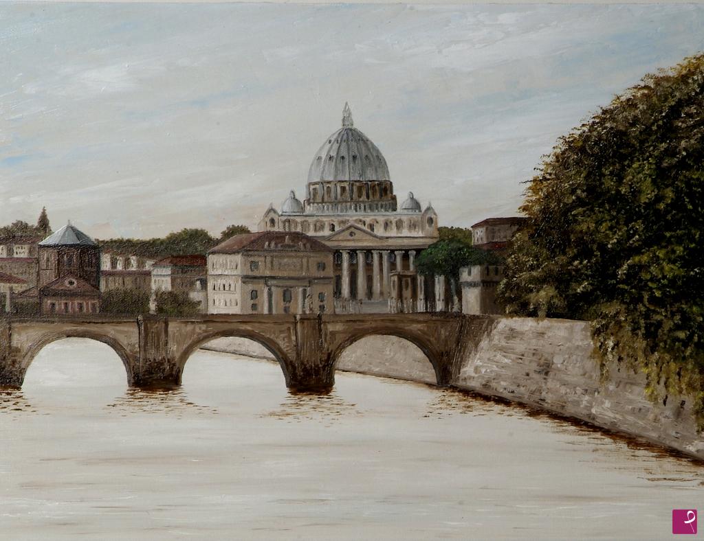 quadri in vendita online - Ponte S.Angelo e Tevere in piena in autunno