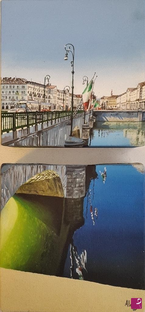 quadri in vendita online - Ponte Vittorio Emanuele I sul fiume Po, Torino
