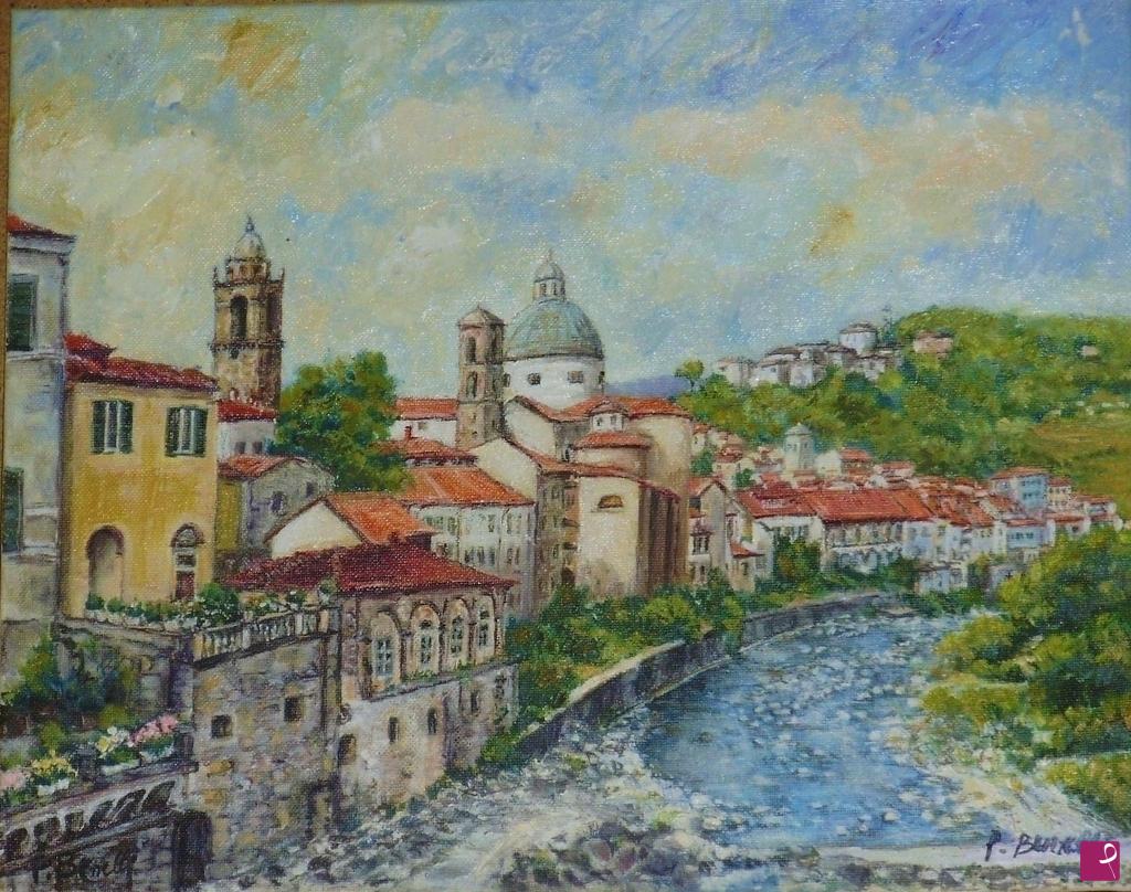 quadri in vendita online - Pontremoli, cupola duomo e Piagnaro dal ponte Nuovo
