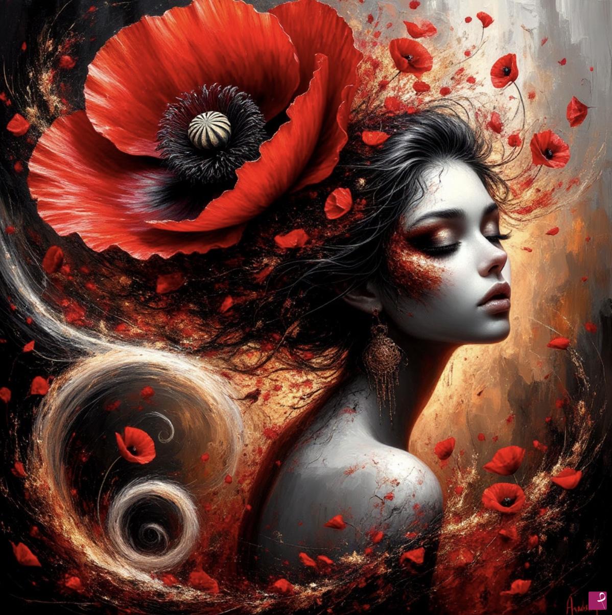 quadri in vendita online - poppy flowers and girl 