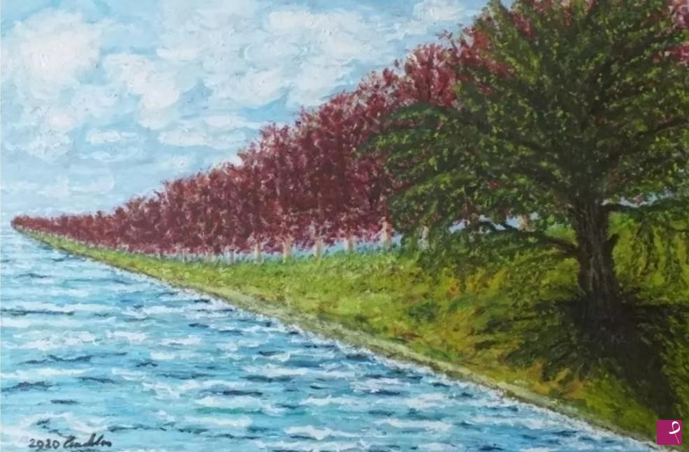 quadri in vendita online - Porpora.  Linee interminabili che corrono parallele, sfidando le cromature dell'arcobaleno. Se il fiume fa da specchio al cielo, la porpora si fa intensa, sottolineando la sua indipendenza. 