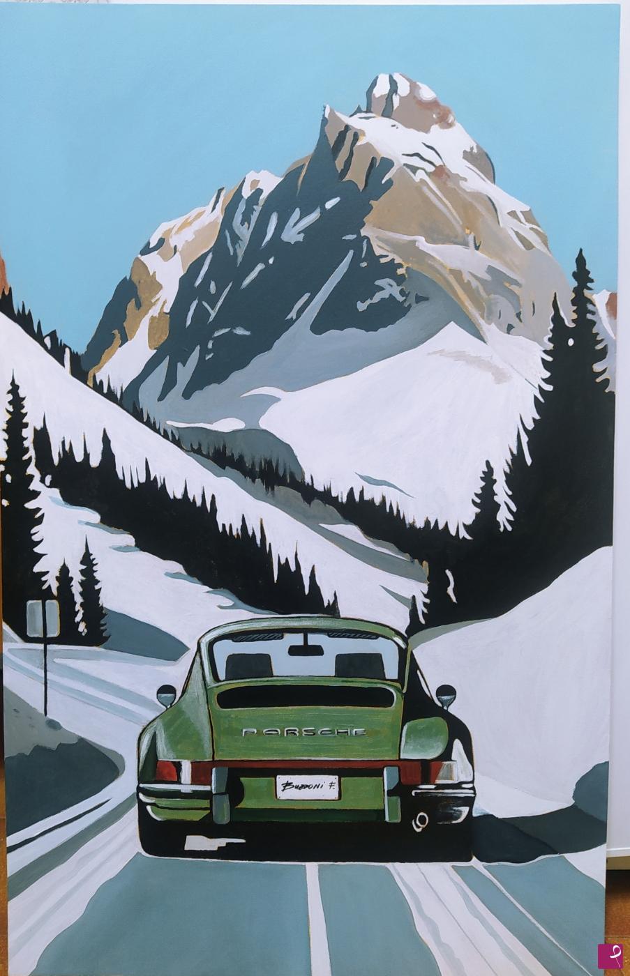 quadri in vendita online - Porsche 911 paesaggio montagna neve Buzzoni