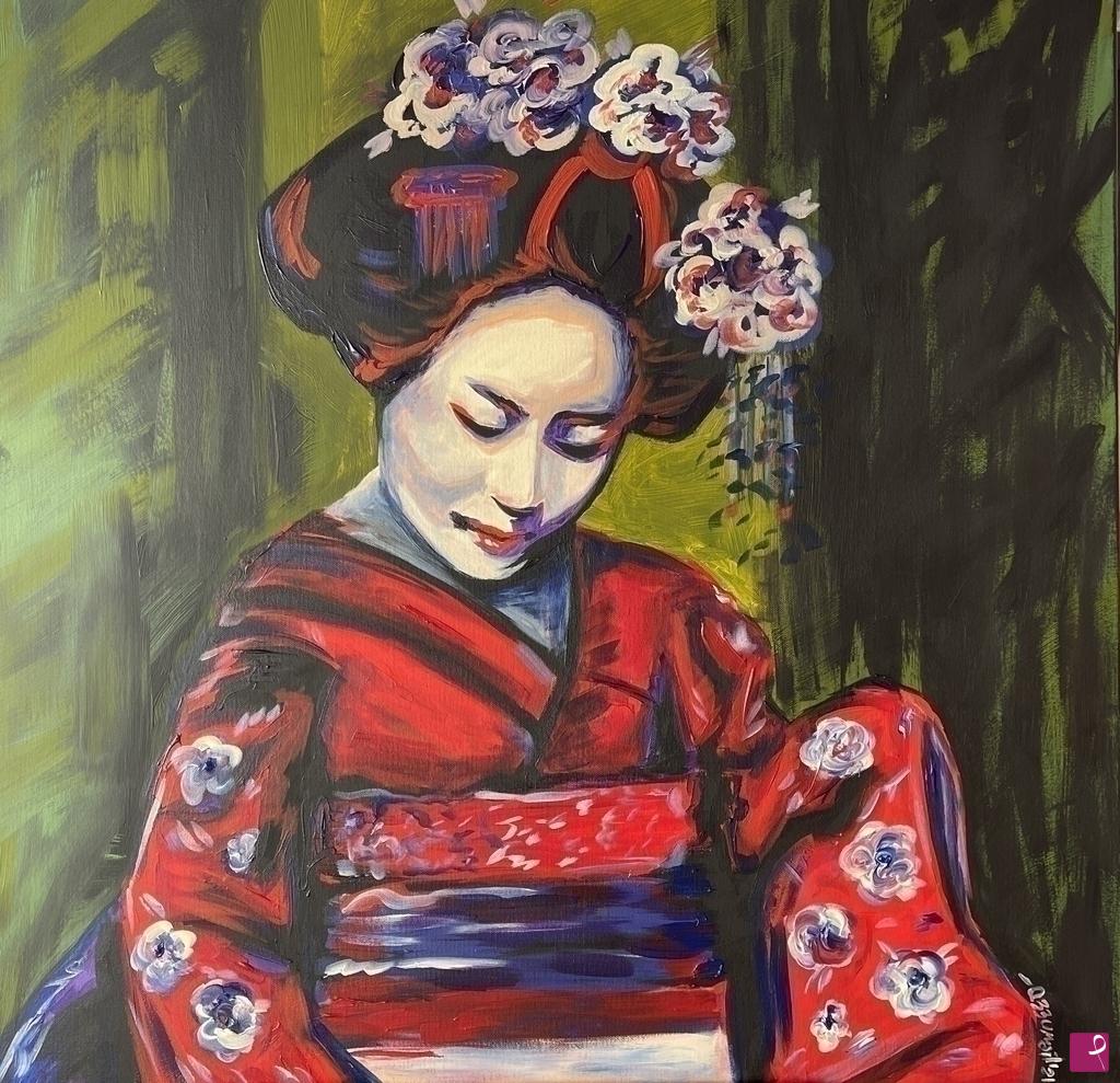 quadri in vendita online - Portrait of a Geisha in Red & Purple