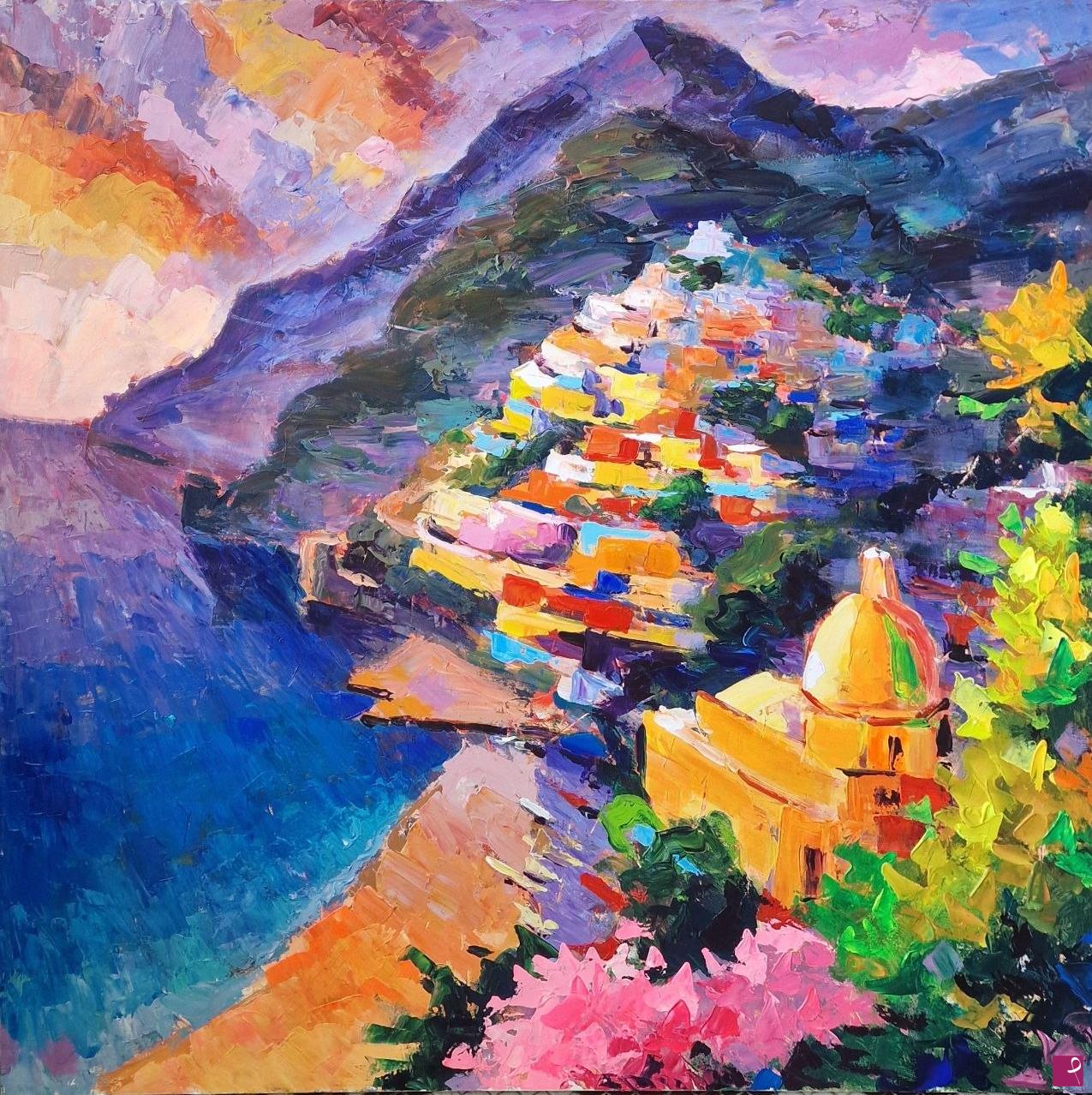 quadri in vendita online - Positano dall' alto, luce al tramonto, paesaggio contemporaneo
