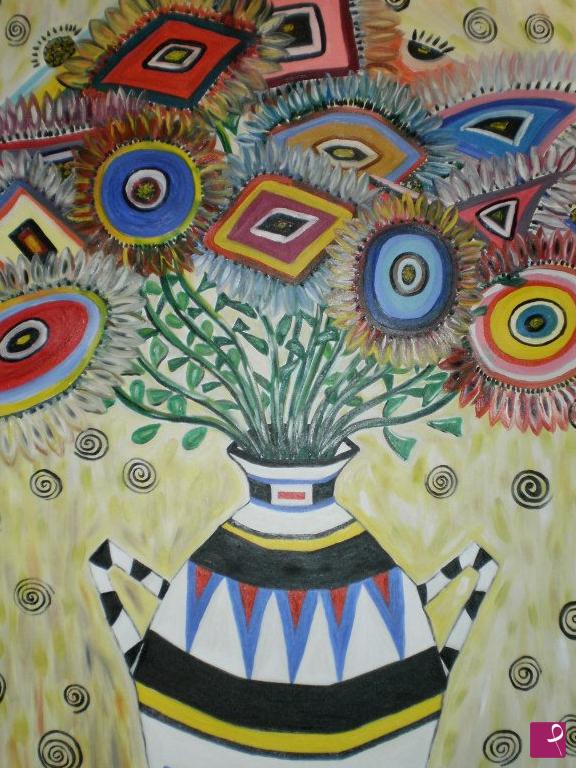 quadri in vendita online - Pot with rainbow flowers