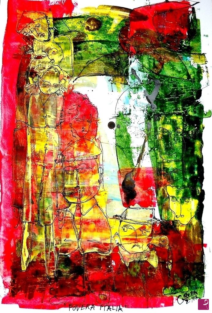 quadri in vendita online - POVERA ITALIA 33x48 cm tecnica mista su carta. Pezzo unico.Autenticato dietro