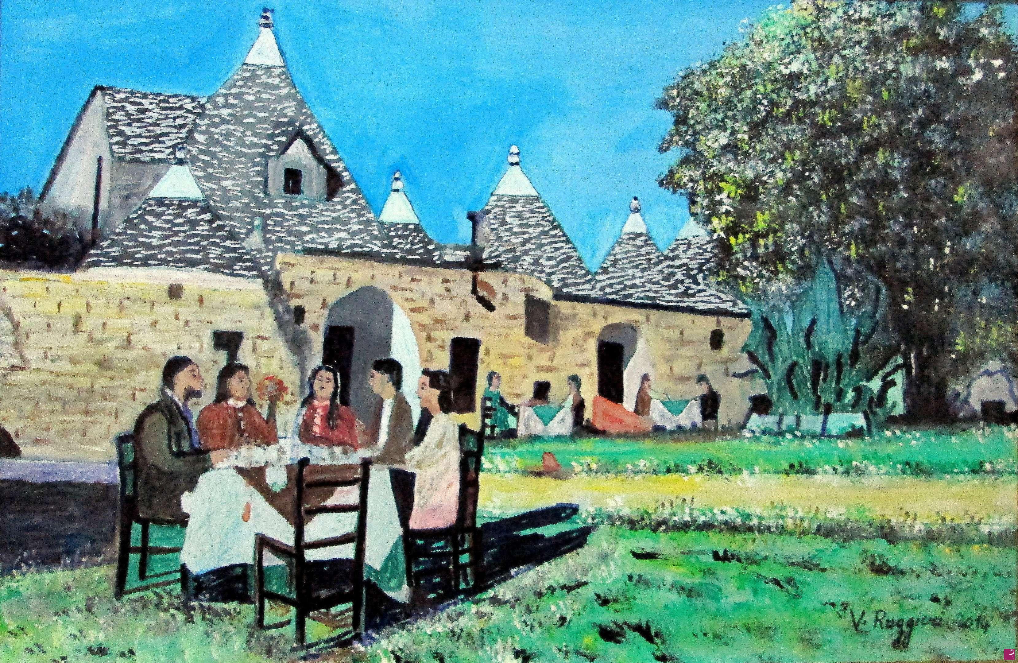 quadri in vendita online - PRANZO IN GIARDINO CON TRULLI