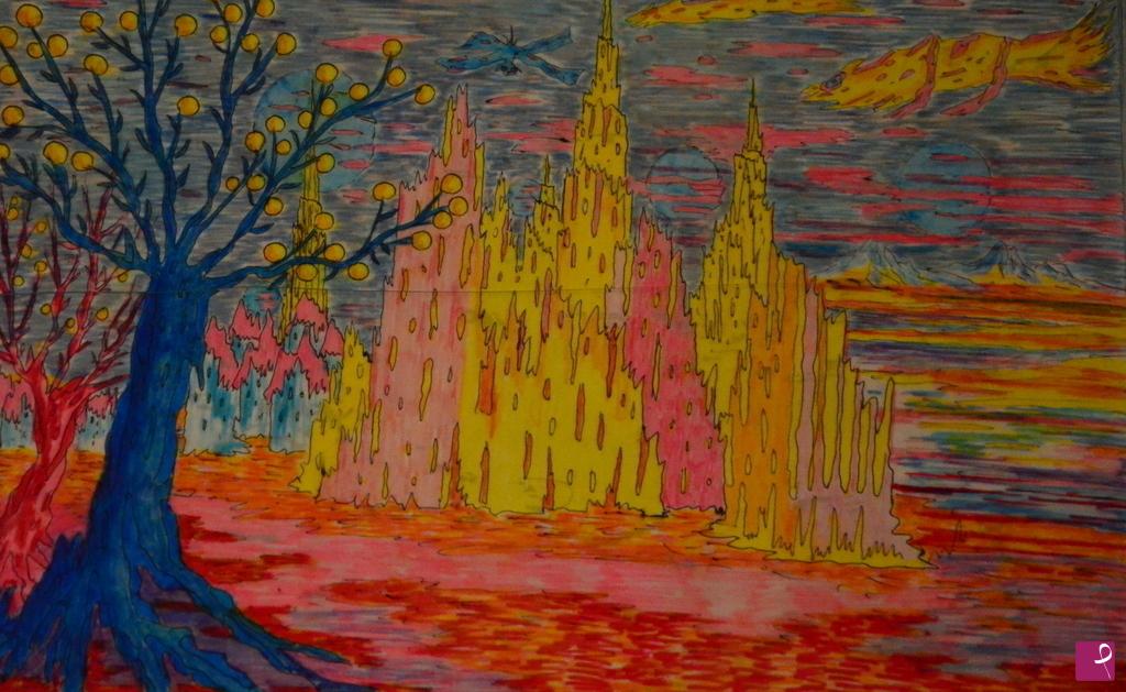 quadri in vendita online - PRATO GOTICO ASTRALE CON CASTELLO INCANTATO E MISTERIOSO
