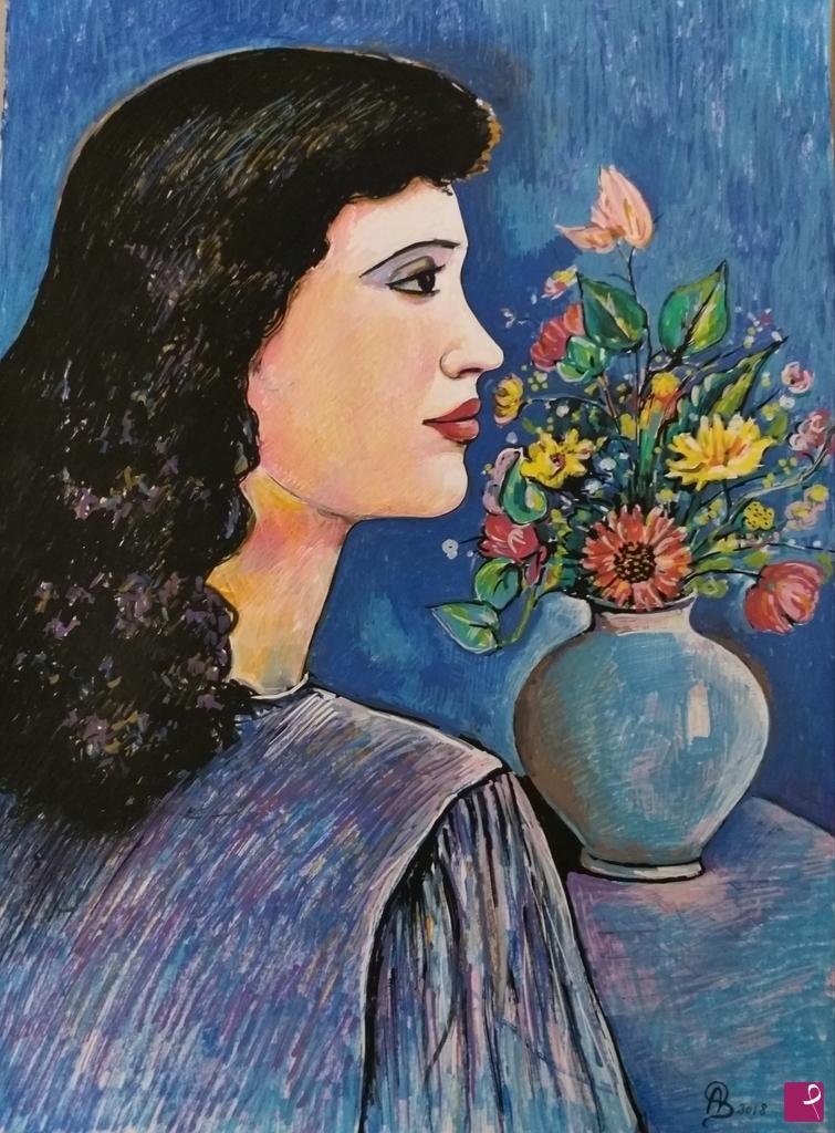 quadri in vendita online - "Profilo di donna e fiori "