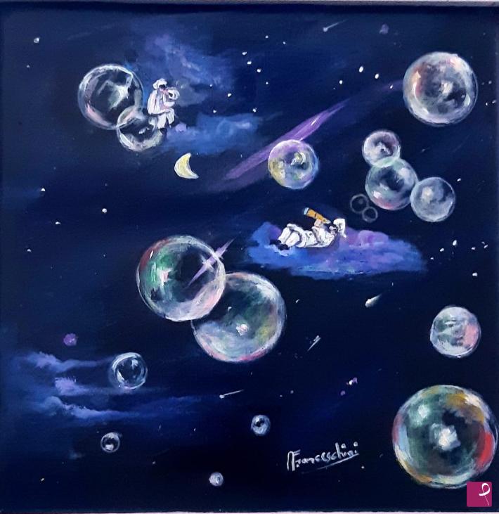 quadri in vendita online - "Pulcinella nel Cosmo con Bolle di sapone "certificato con timbro e firma dell Artista-.