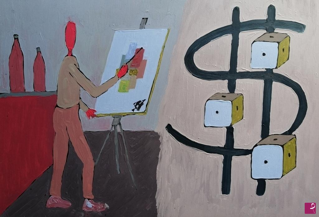 quadri in vendita online - PUPAZZO PITTORE (48 X 33; OLIO SU CARTA)