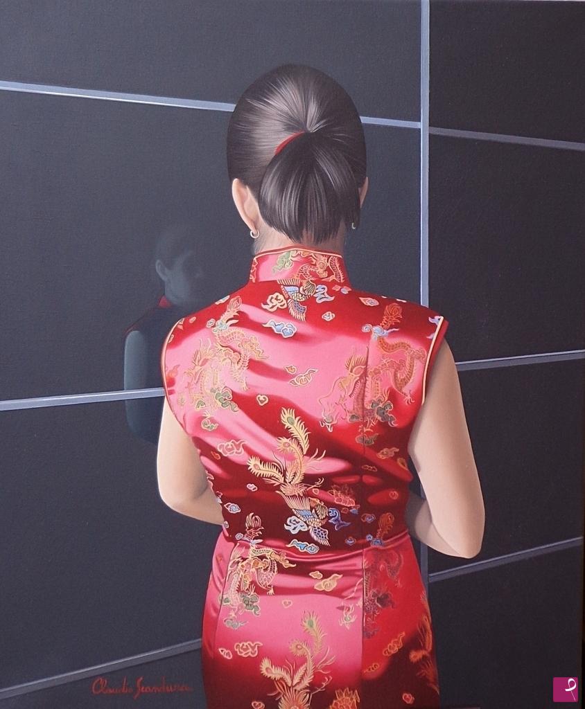 quadri in vendita online - Qipao in seta rossa