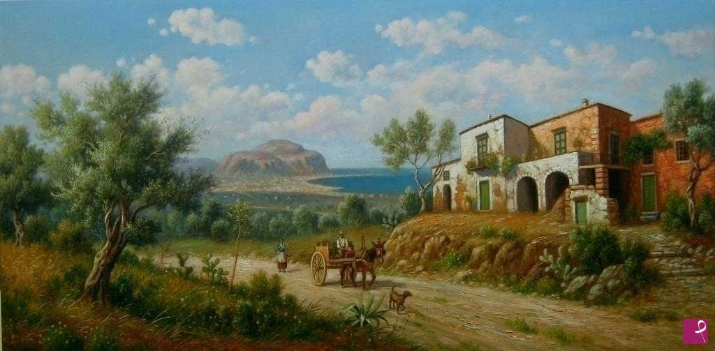 quadri in vendita online - QUADRI IN VENDITA - Strada di campagna siciliana con casolare
