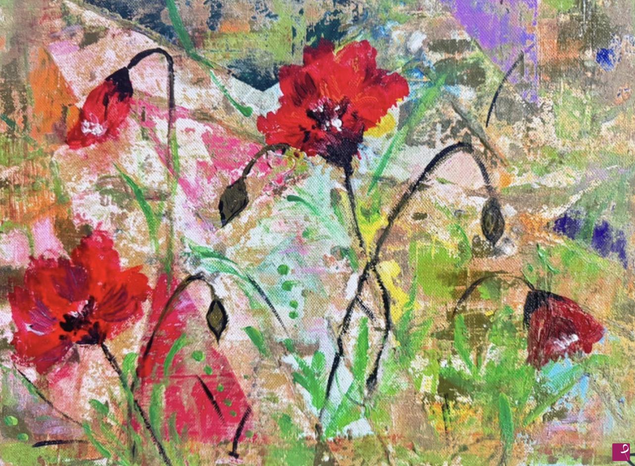 quadri in vendita online - Quadro astratto con papaveri rossi dipinto a mano su tela – 30 × 40 cm