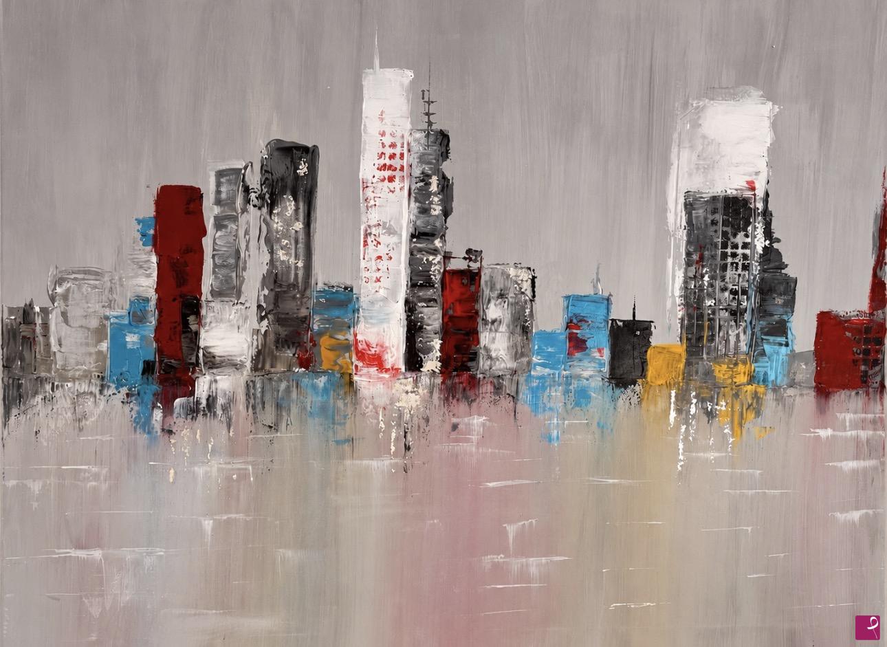 quadri in vendita online - Quadro astratto moderno skyline città 80×60 dipinto a mano